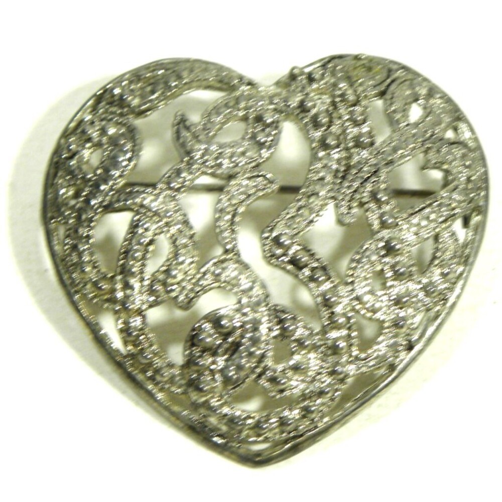 Large Heart Brooch Pin Silver Tone Textured Open Work Scroll Design Vintage